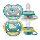 Succhietto Philips Avent Ultra Air - set di 2 succhietti traspiranti senza BPA per bambini a partire da 18 mesi, inclusa custodia per il trasporto e sterilizzazione, Whale/Whale (modello SCF349/24)