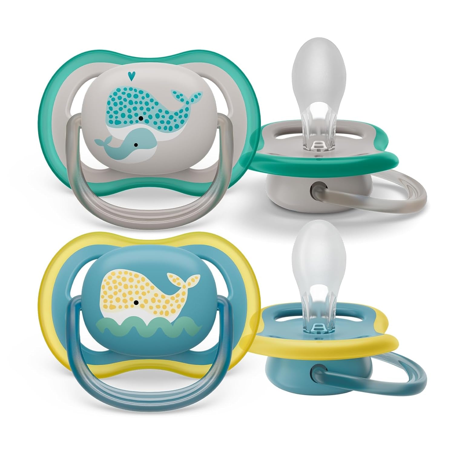Succhietto Philips Avent Ultra Air - set di 2 succhietti traspiranti senza BPA per bambini a partire da 18 mesi, inclusa custodia per il trasporto e sterilizzazione, Whale/Whale (modello SCF349/24)