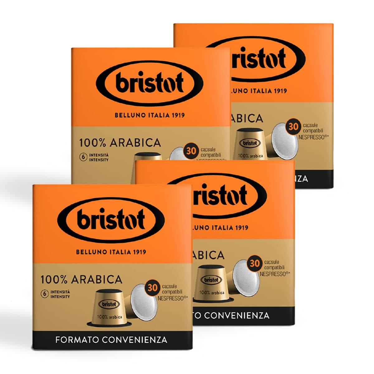 Bristot, caffè 100% Arabica – 120 capsule compatibili con Nespresso – Kaffeemischung aus Mittelamerika und Brasilien, Schokolade und Trockenfrüchtenoten – 4 Packungen per 30 capsule