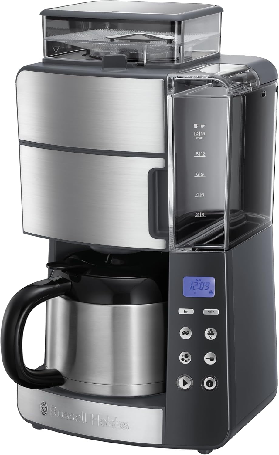 Caffettiera Russell Hobbs con macinacaffè e caraffa termica [Timer digitale, soffione doccia per estrazione e aroma ottimali] Grind&Brew (1-10 tazze, 3 impostazioni di macinatura) Caffettiera con filtro 25620-56