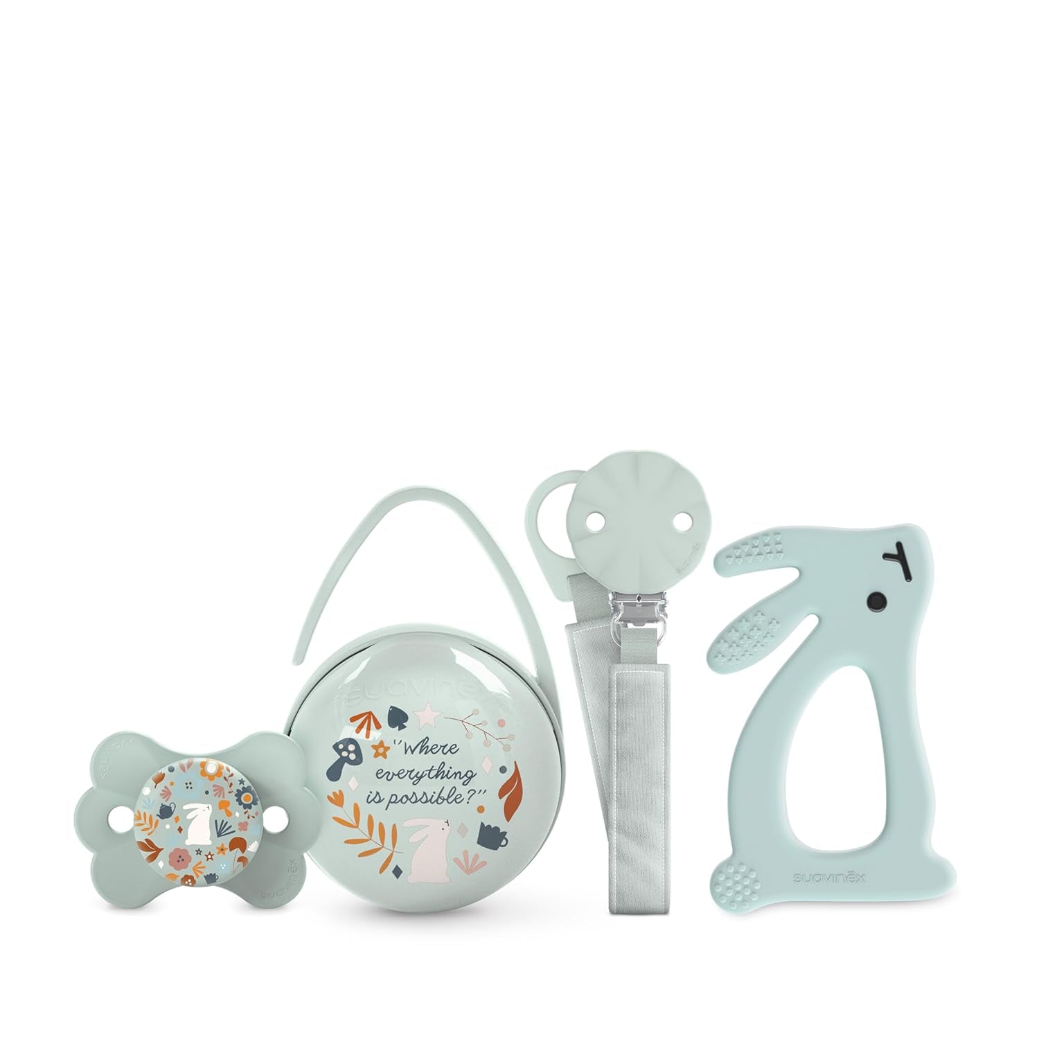 Set regalo Suavinex per neonati. Set 4 pezzi composto da: Succhietto fisiologico SX Pro per neonati 0-6 mesi + portaciuccio + copriciuccio Duo + anello dentizione in silicone. Paese delle meraviglie, beige
