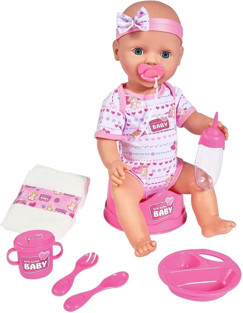 Simba 105039005 - Bambolina neonato, da 3 anni in su, bambola da gioco con funzioni, può bere e fare pipì, 8 pezzi, con bambolotto e accessori