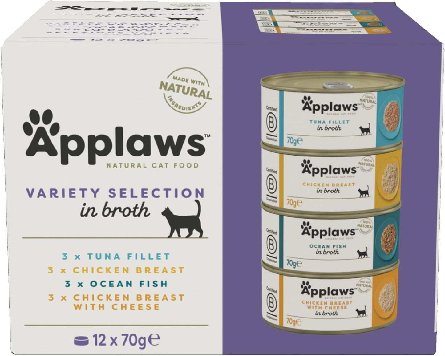 Applaws Alimento umido Premium 100% Naturale per Gatti Adulti in Brodo - Tonno, Pollo, Frutti di Mare, Selezione Mista in Brodo - Confezione da 12 Lattine x 70g