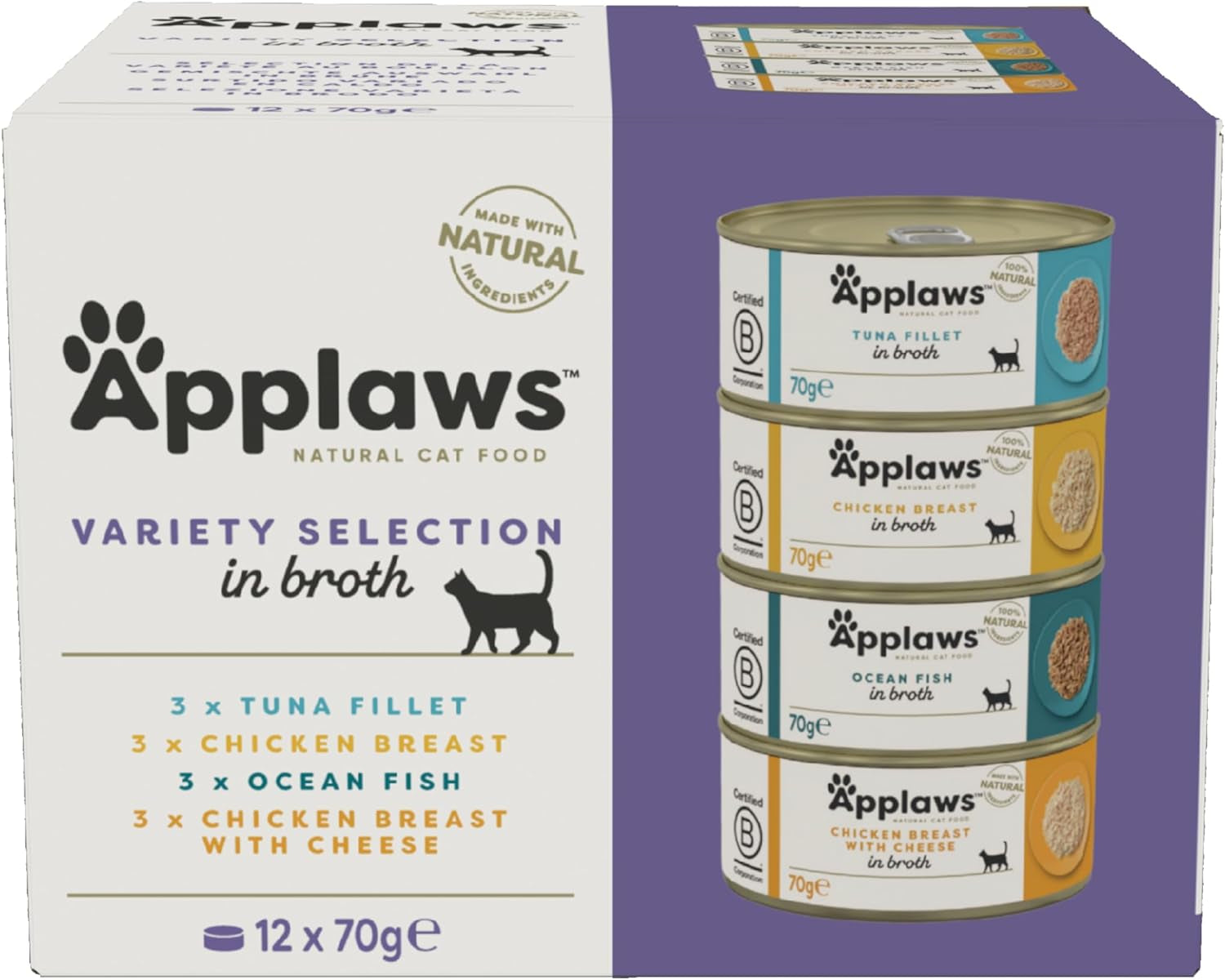 Applaws Alimento umido Premium 100% Naturale per Gatti Adulti in Brodo - Tonno, Pollo, Frutti di Mare, Selezione Mista in Brodo - Confezione da 12 Lattine x 70g