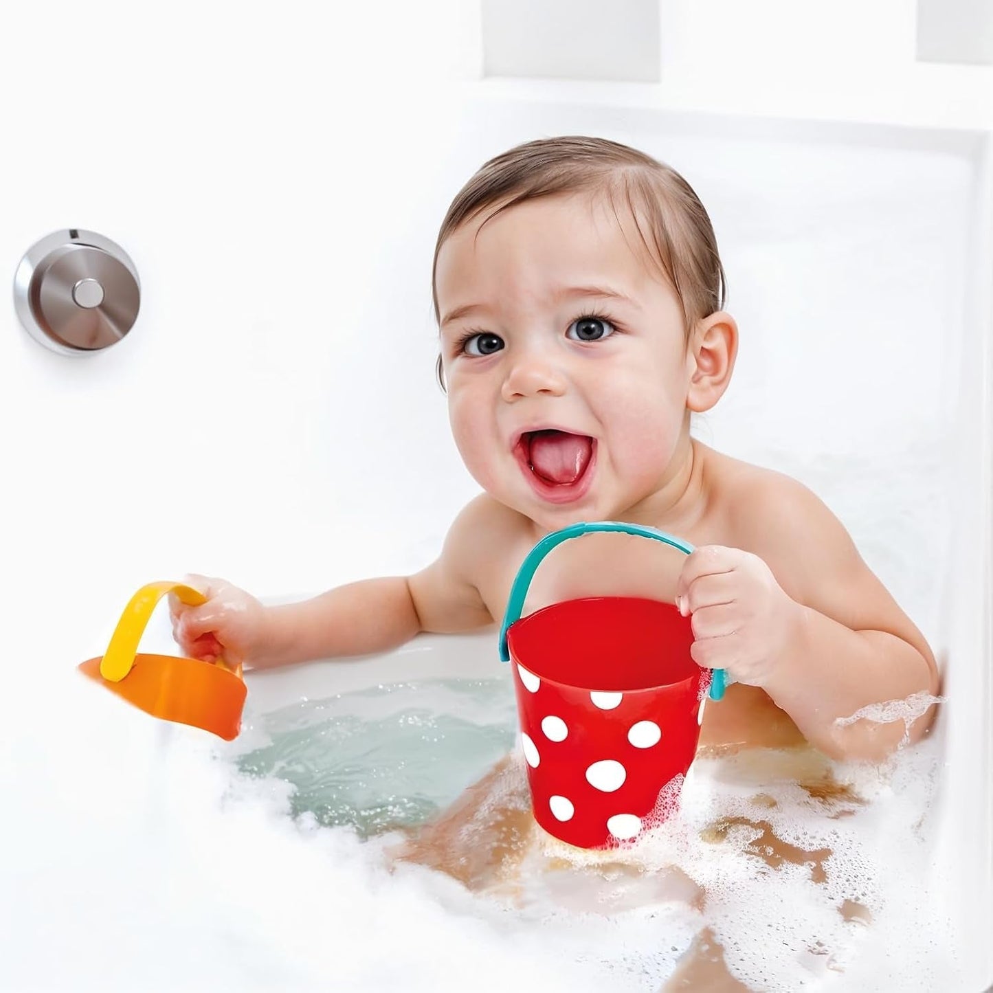 Set secchielli colorati Hape | Giocattolo da bagno con ruota idraulica in tre pezzi per bambini piccoli, multicolore Jucarii Bebe Naty Shop