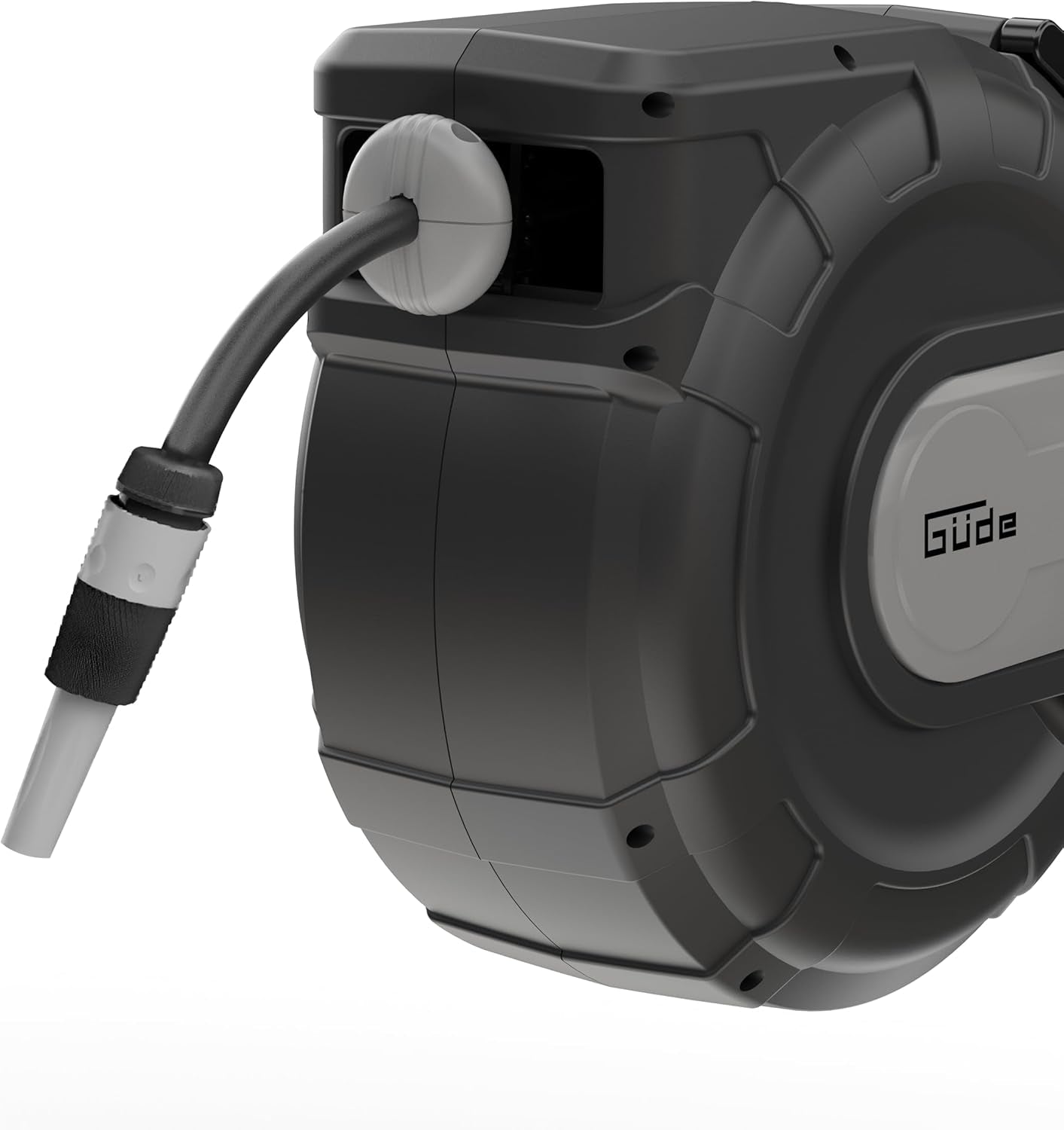 Avvolgitubo automatico Güde 30-2-2 1/2 (rotazione di 180°, per montaggio a parete, tubo da 30 m, getto d'acqua, supporto a parete, retrazione automatica, arresto retrazione, maniglia di trasporto, 2 attacchi rapidi)