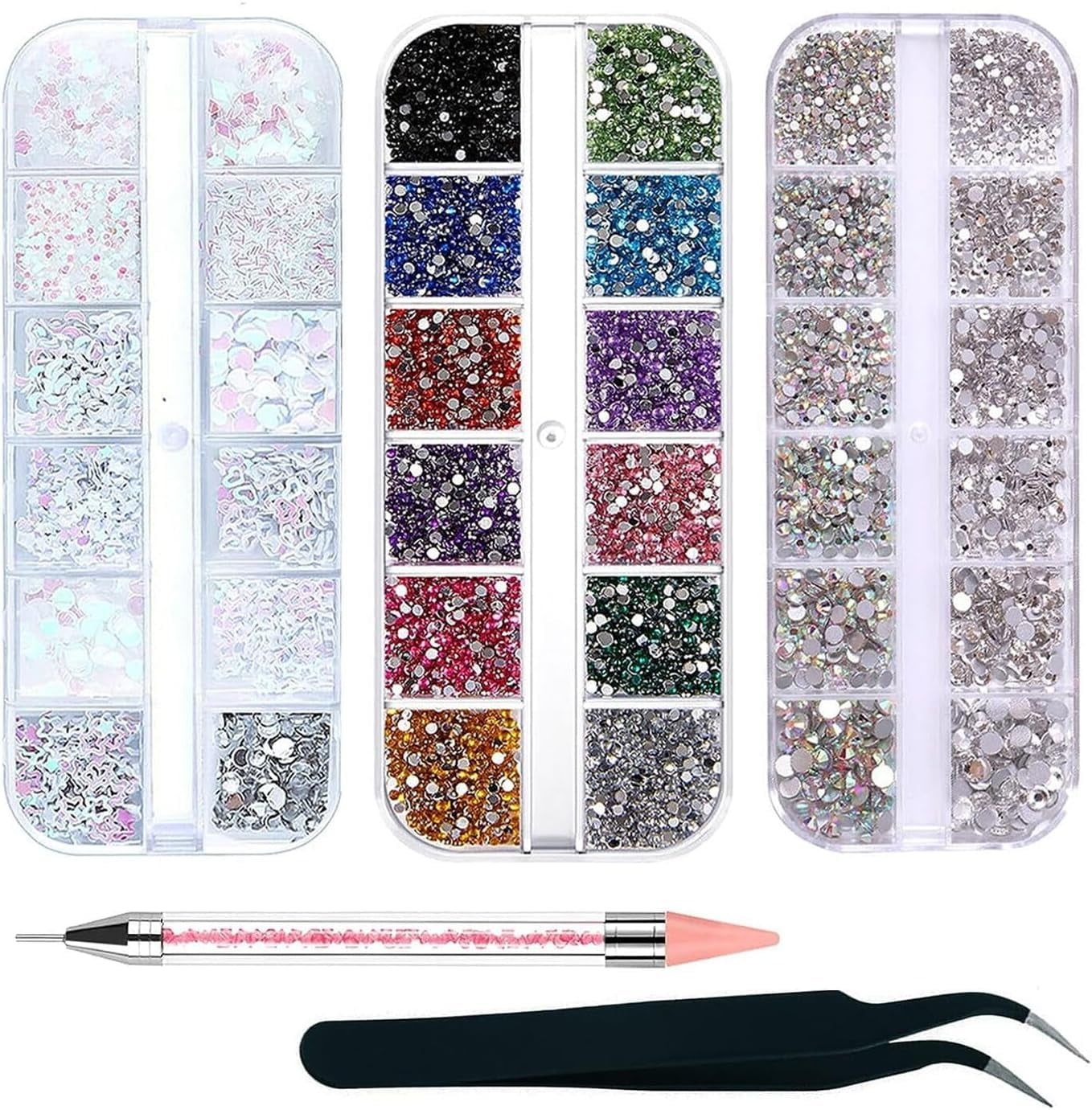 4200 Pezzi Strass per Nail Art, Pietre Glitterate in 36 Colori, Pietre per Decorazioni per Unghie per Accessori per Nail Art e Strass, Cristalli Trasparenti con Pinzetta per Selezione Strass e Penna per Punteggio