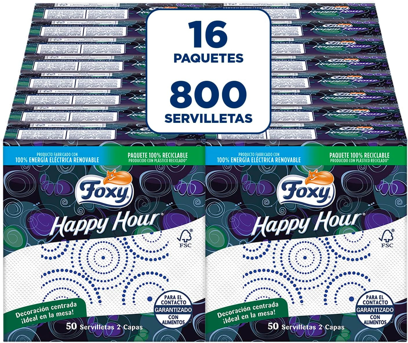 Happy Hour | Salviette a doppio strato | 16 confezioni À 50 pezzi À 33 X 33 Cm | Certificato FSC | Elettricità rinnovabile al 100% | Imballaggio riciclabile realizzato con plastica riciclata
