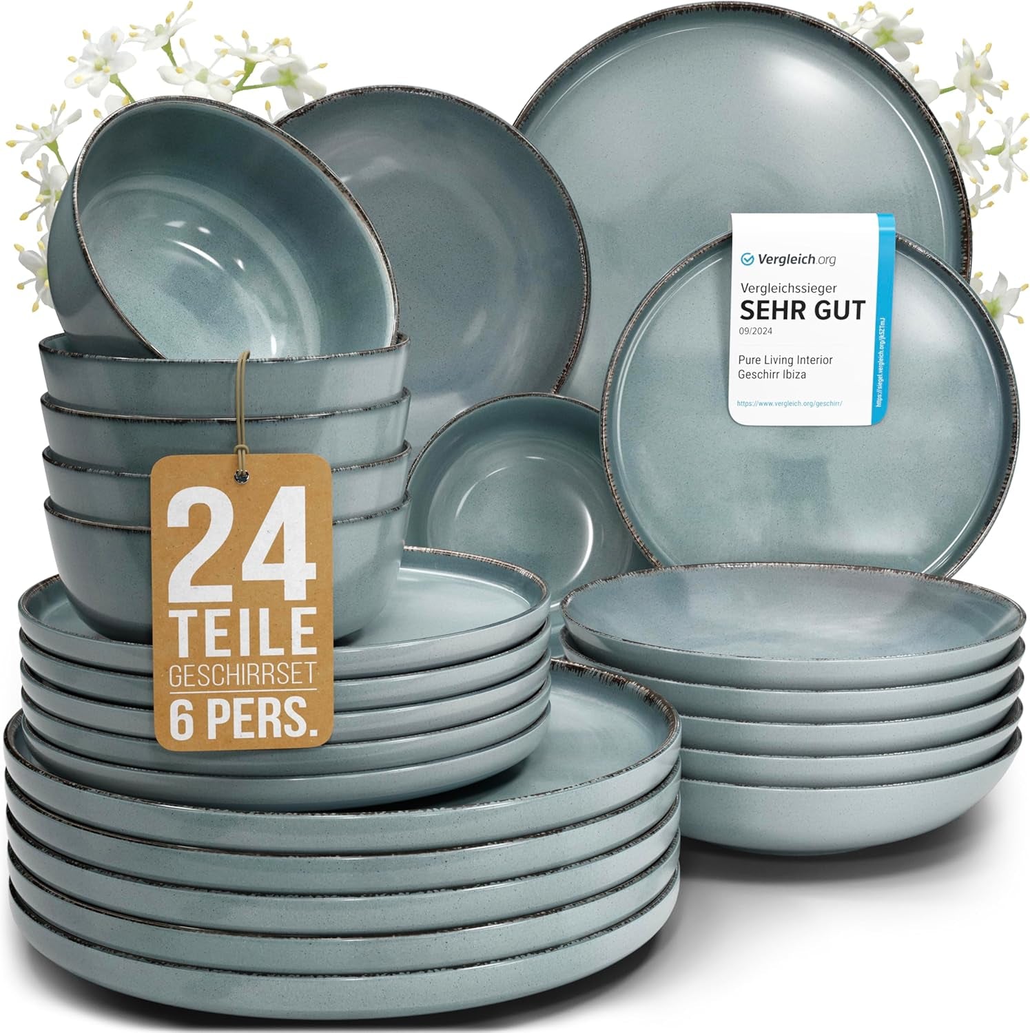 Steingut Geschirrset 6 Personen Rustico 24 tlg. TESTSIEGER, Hochwertiges Landhaussttil Steingut Geschirr Set, Schüssel- und Teller Set, Tafelservice 6 Personen, Geschirrsets Pure Living in Rauchblau