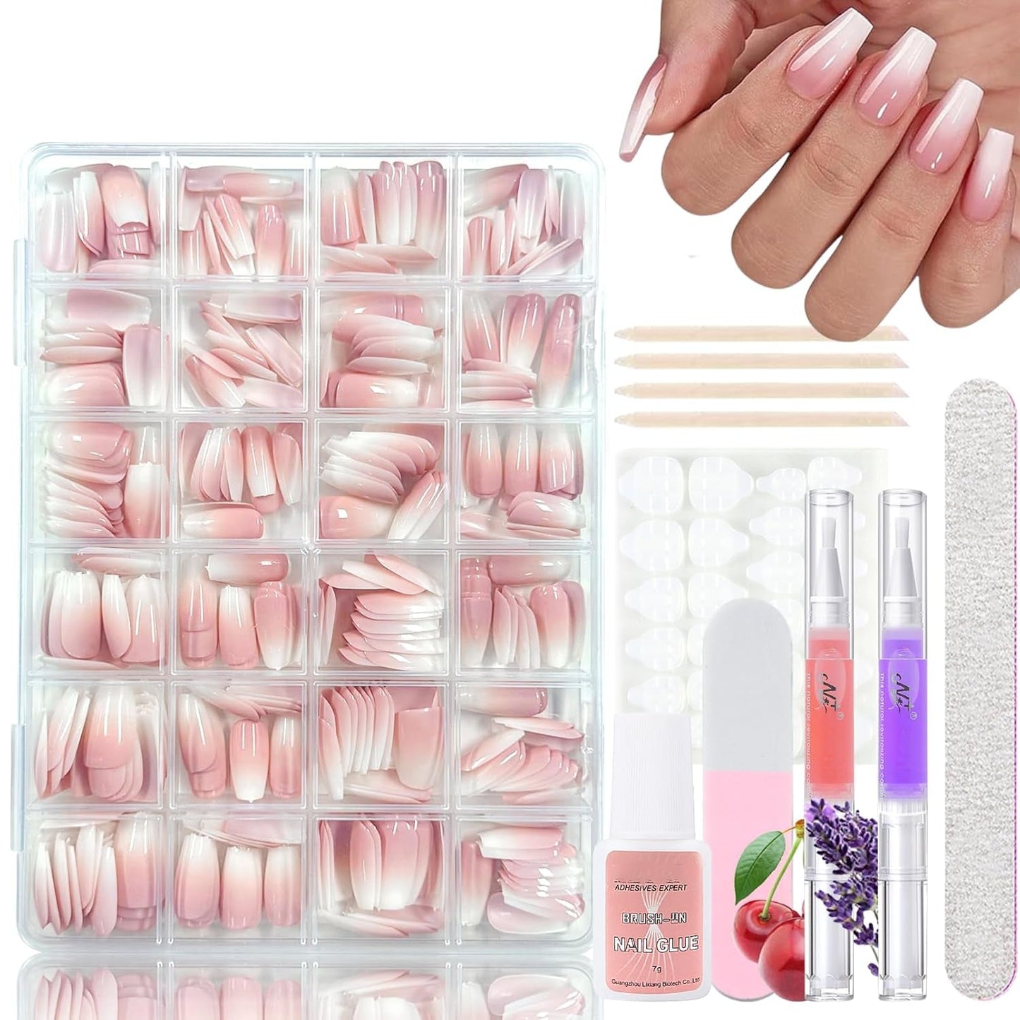 Set di 360 unghie finte ballerina sfumata, unghie artificiali incollate con sfumatura rosa bianca con 2 penne a olio per unghie, unghie finte medie sfumate per donne fai da te
