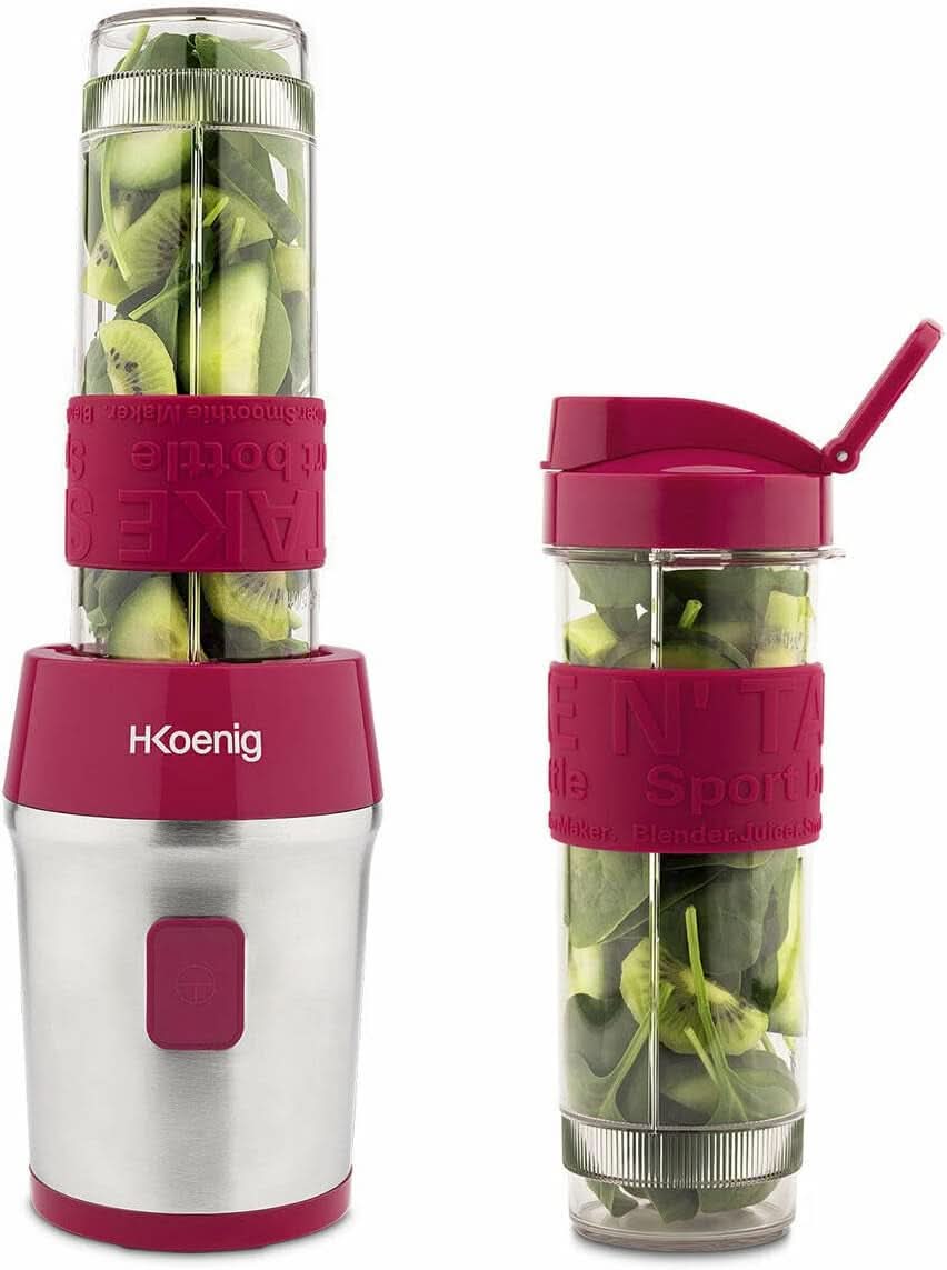 H.Koenig Smoothie Maker SMOO9 - Mini robot da cucina - Mini frullatore - 300 Watt - 570 ml - Edelstahl - 2 bottiglie di plastica - Bpa-Frei, Grau Kitchen Naty Shop Rosa