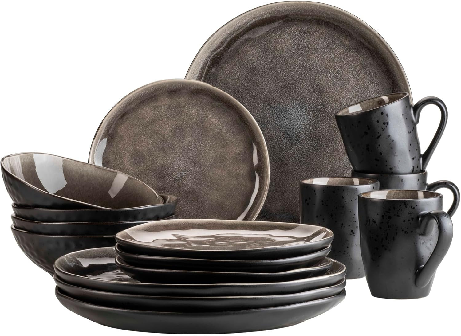 MÄSER 934073 Niara Organic Series Moderno set di stoviglie per 4 persone con emozionante look vintage, servizio combinato da 16 pezzi con una speciale combinazione di smalti nero e marrone, gres