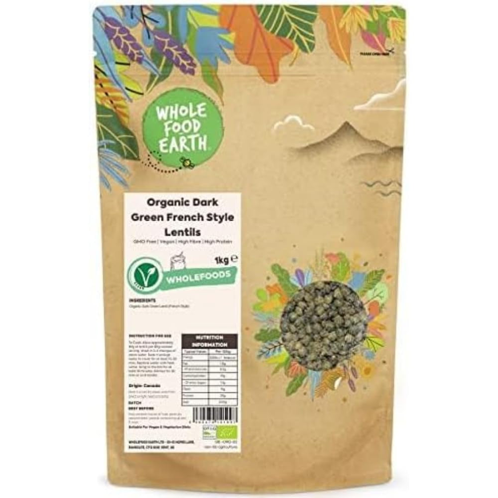 Wholefood Earth Lenticchie Verde Scuro Biologiche Alla Francese 1kg Non OGM | Vegano | Ricco di fibre | Ricco di proteine ​​| Certificato biologico