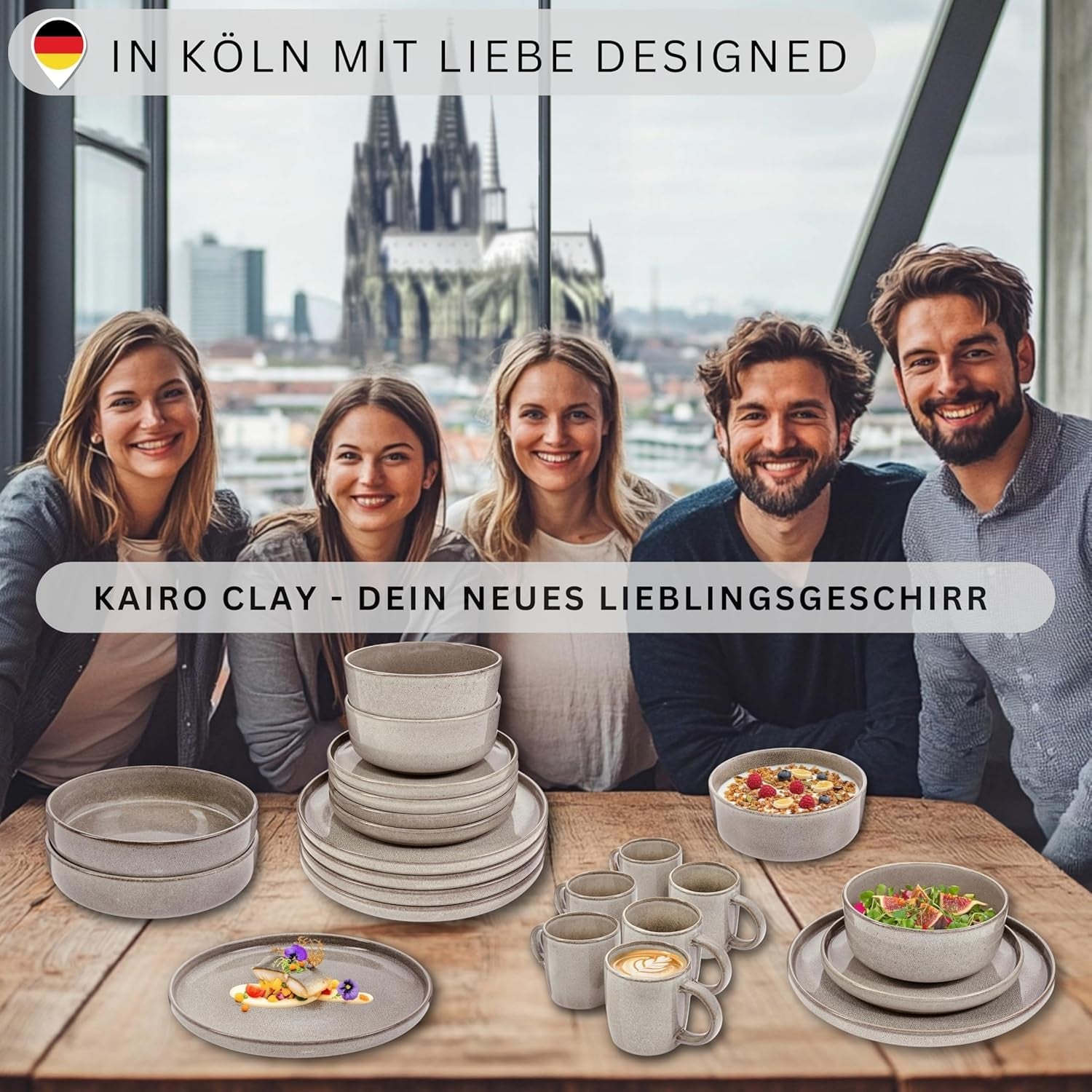 SÄNGER Cairo Clay | Set di stoviglie da 24 pezzi, set di stoviglie in gres per 6 persone, 6 piatti, 6 piatti da dessert, 6 ciotole per pasta, 6 ciotole da portata, set di stoviglie grigio | LA COLLEZIONE DI VALORE