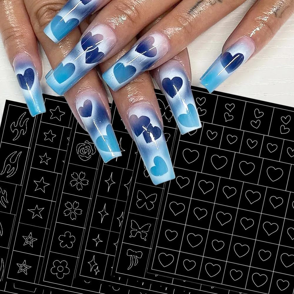 6 Fogli Modello Aerografo Adesivi per Unghie, Farfalla Fiamma Stelle Cuore Stelle Adesivi per Unghie Stampa Stencil Strumento Nail Art Adesivi Autoadesivi per Donne Nail Art Design Adesivi