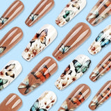 24 pezzi stampa lunga sulle unghie bara unghie artificiali fiore farfalla unghie adesive bianco marrone acrilico set di unghie punte per unghie donna primavera estate accessori per unghie