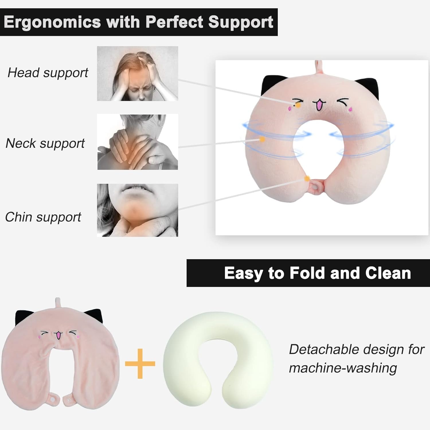 Cuscino per il collo Cuscino per il collo per bambini per aereo Auto treno Viaggio Cuscino da viaggio in memory foam per adulti Cuscino a forma di animale carino Cuscino a forma di U Fodera staccabile (Rosa2) Cuscini ortopedici cervicali Naty Shop