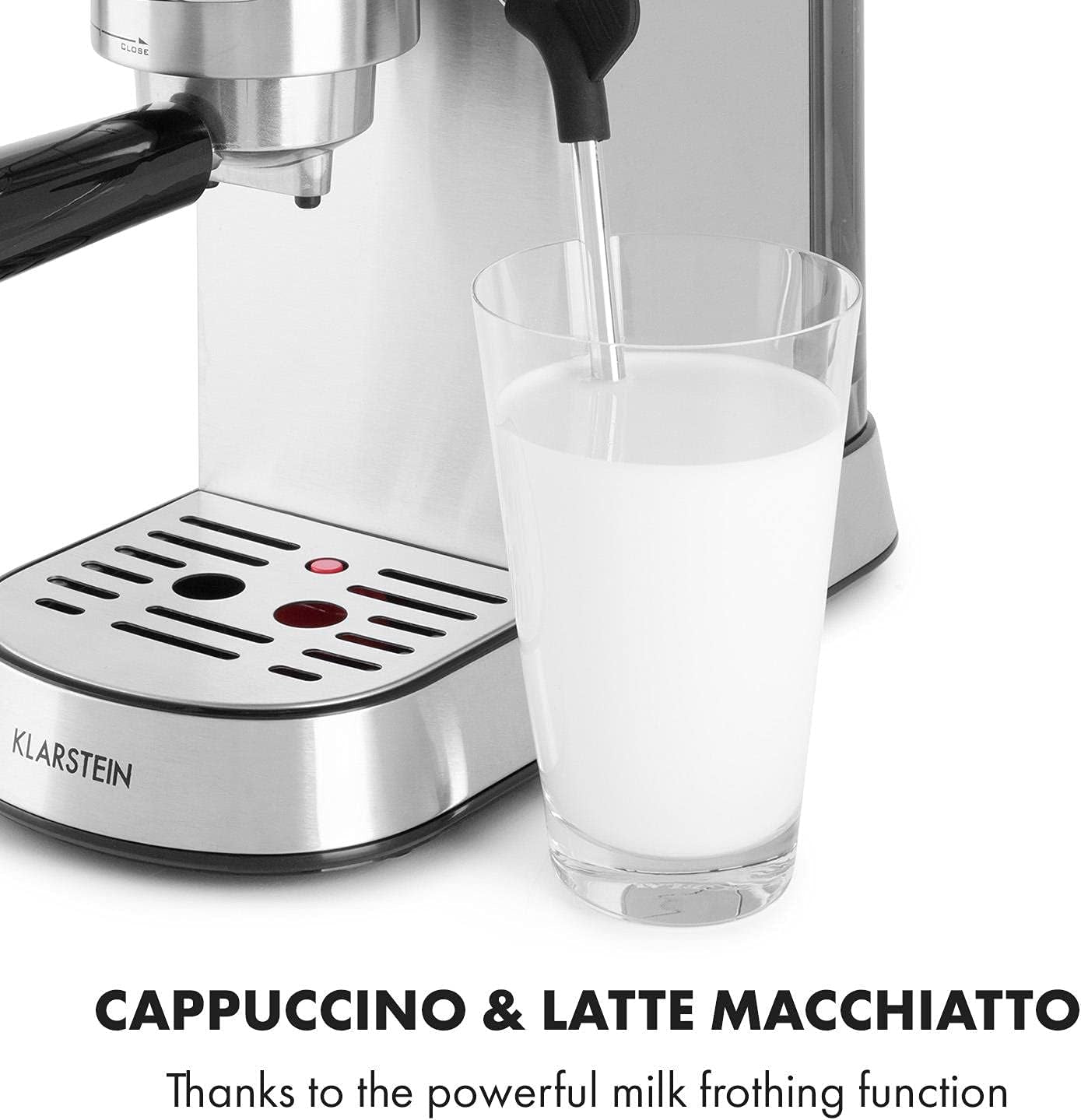 Klarstein Futura Macchina per caffè espresso, Macchina per caffè espresso con filtro portatile, 1450 W, 20 bar, Qualità Barista, Doppio ugello, Arresto del flusso, Macchina per caffè espresso con filtro portatile, Funzione montalatte, Argento