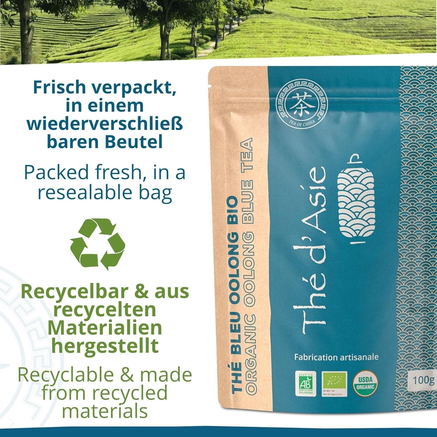 Khla - Tè Oolong Bio 100 G - Tè Blu - Tè Sfuso Naturale - Tè Asiatico Biologico - Sfuso e Tagliato - Tè alle Erbe e Infuso - Dalla Cina