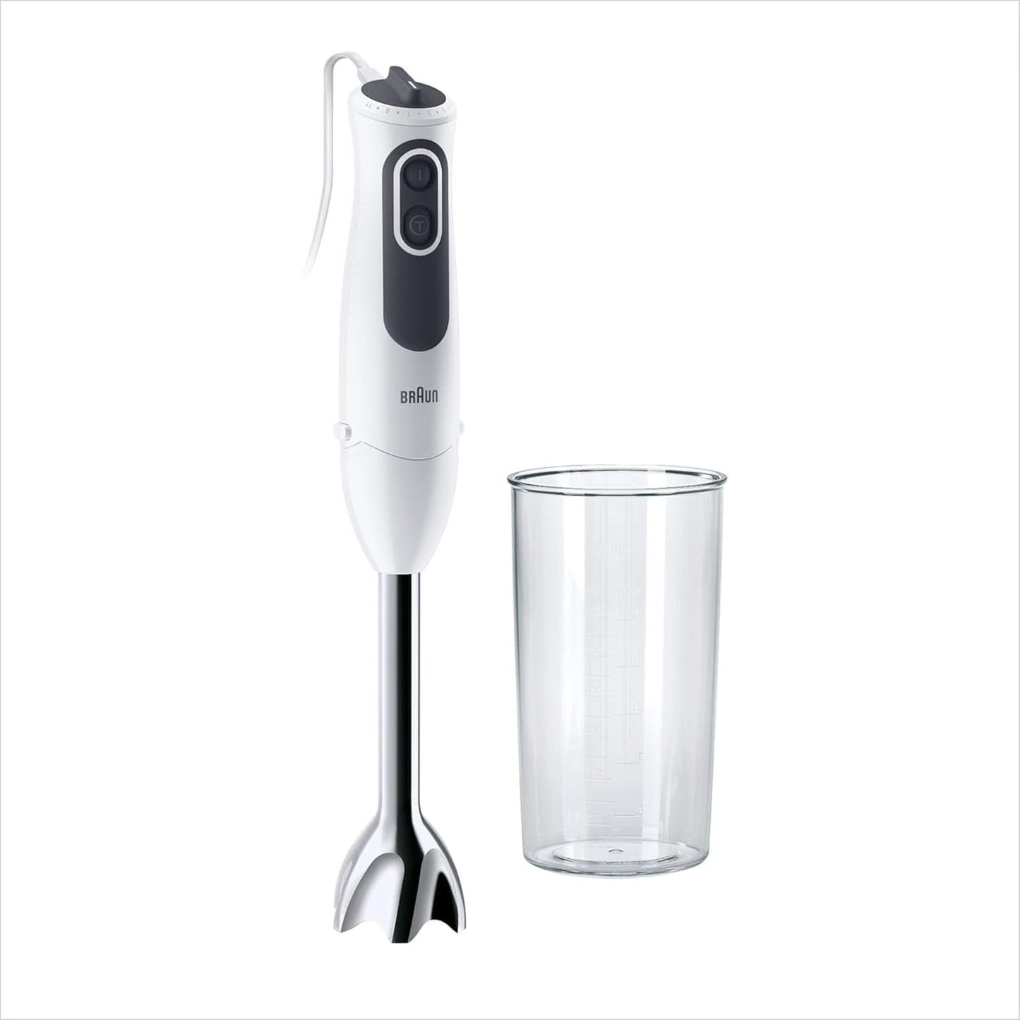 Braun Multiquick 3 MQ 3135 Sauce Stabmixer – Pürierstab Mit 11 Geschwindigkeiten plus Turbo-Stufe & Edelstahl-Mixfuß, 750 Watt, Inkl. 600 ML Mix-/Messbecher, Schneebesen & Zerkleinerer, Bianco/Grau Cucina Naty Shop Singolo Mq 3100