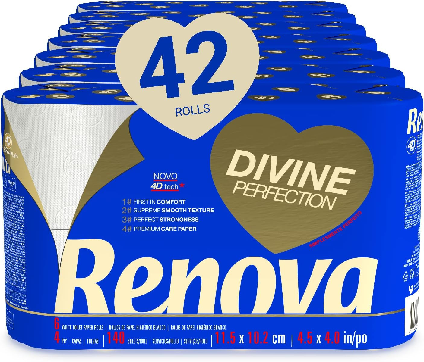 Carta igienica Renova Renova Divine Perfection, 42 rotoli, carta igienica Premium, 4 veli, ultra morbida, extra resistente, spessa, morbida e assorbente, carta certificata FSC, 4400G