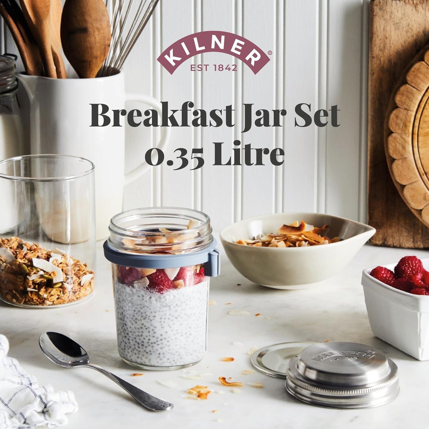 Barattolo per colazione Kilner con cucchiaio / 350 ml, Ø 9,5 cm / 5 pezzi | tazza di muesli da asporto / non tossico / contenitore in vetro con coperchio per muesli, porridge e yogurt / contenitore per avena durante la notte Naty Shop Food Storage Boxes