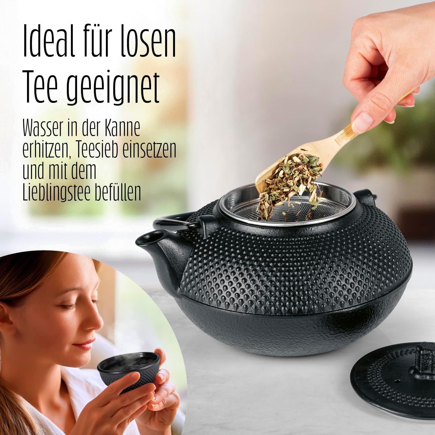 Set da tè Lumaland da 8 pezzi | Teiera in ghisa Tetsubin da 1,4 litri | Stufa in ghisa | 2 tazze da tè e 2 piattini | Set da tè giapponese comprensivo di misurino in bambù e infusore in acciaio inossidabile