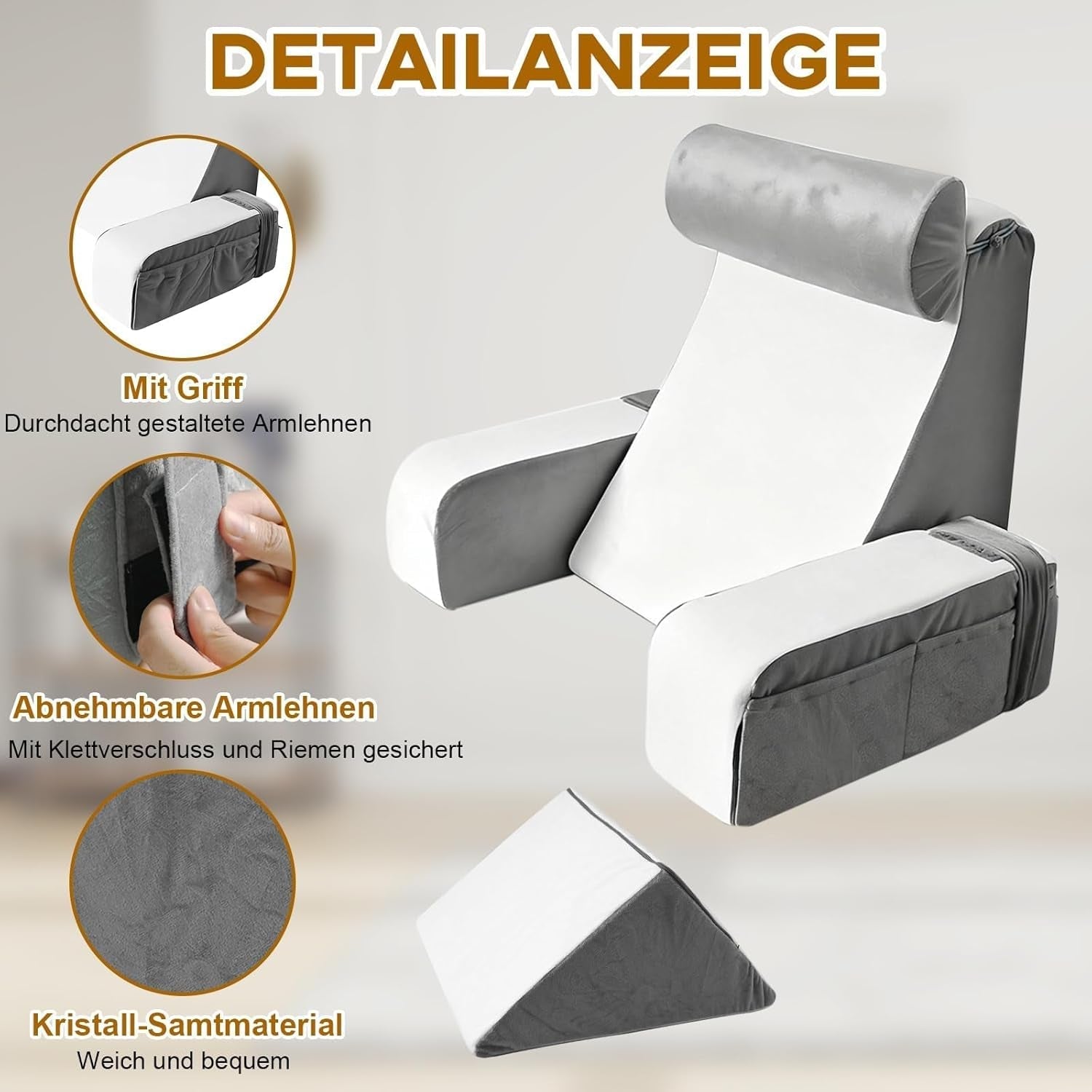 Cuscino da lettura con supporto per collo e braccioli staccabili, cuscino per la schiena comodo e leggero per letto e divano, cuscino per la schiena per adulti, schienale in memory foam per leggere, guardare la TV e videogiochi