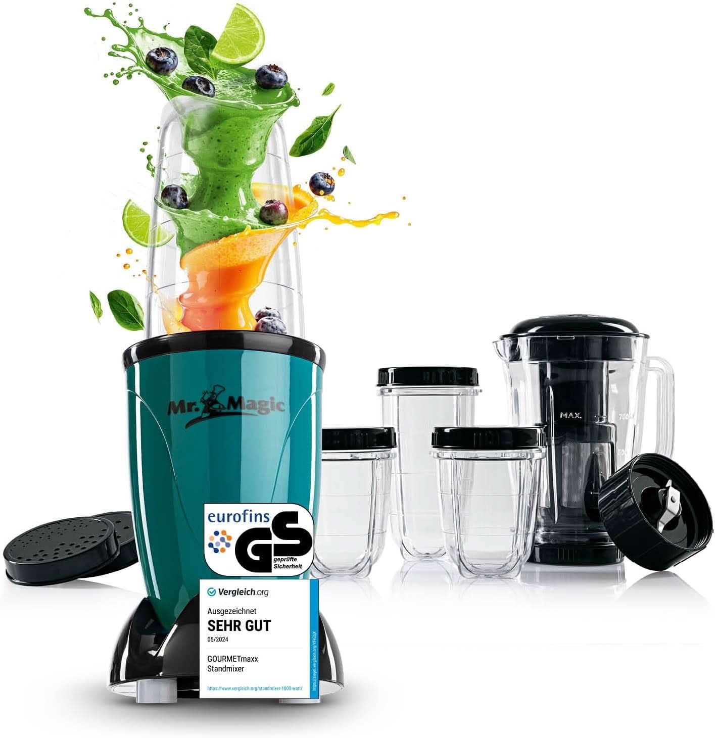 Gourmetmaxx Mr Magic Frullatore, Frullatore con Pacchetto Accessori Xxl Naty Shop Verde | Nero Mr. Magia | 400 W | Set XL