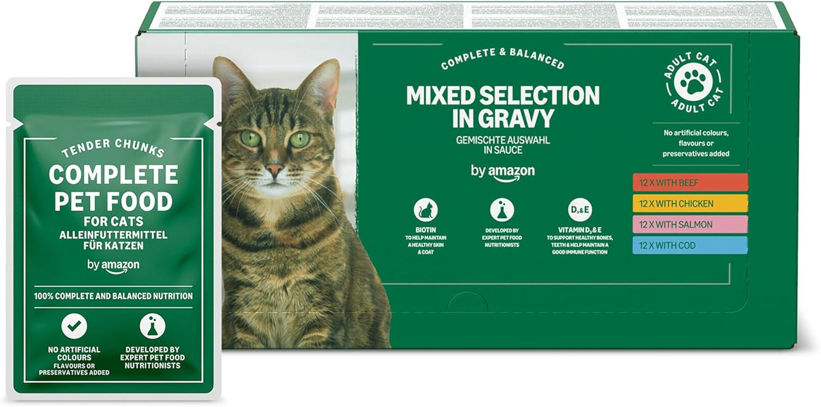 Selezione mista di cibo umido per gatti adulti di Amazon in salsa 4,8 kg (48 confezioni x 100 g)