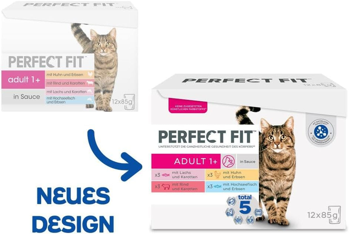 Selezione di cibo umido Perfect Fit Adult 1+ con salmone, pesce di acque profonde, manzo e pollo, 48 bustine, 12x85 g (confezione da 4) - Cibo umido premium per gatti adulti a partire da 1 anno di età