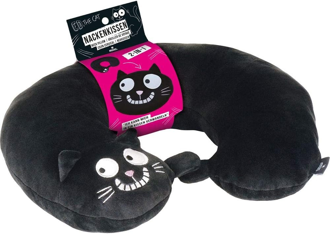 Cuscino per il collo di Mosè. Ed, il gatto | Cuscino per collo e testa 2 in 1 da viaggio | Cuscino da viaggio gatto, 28 cm, Nero