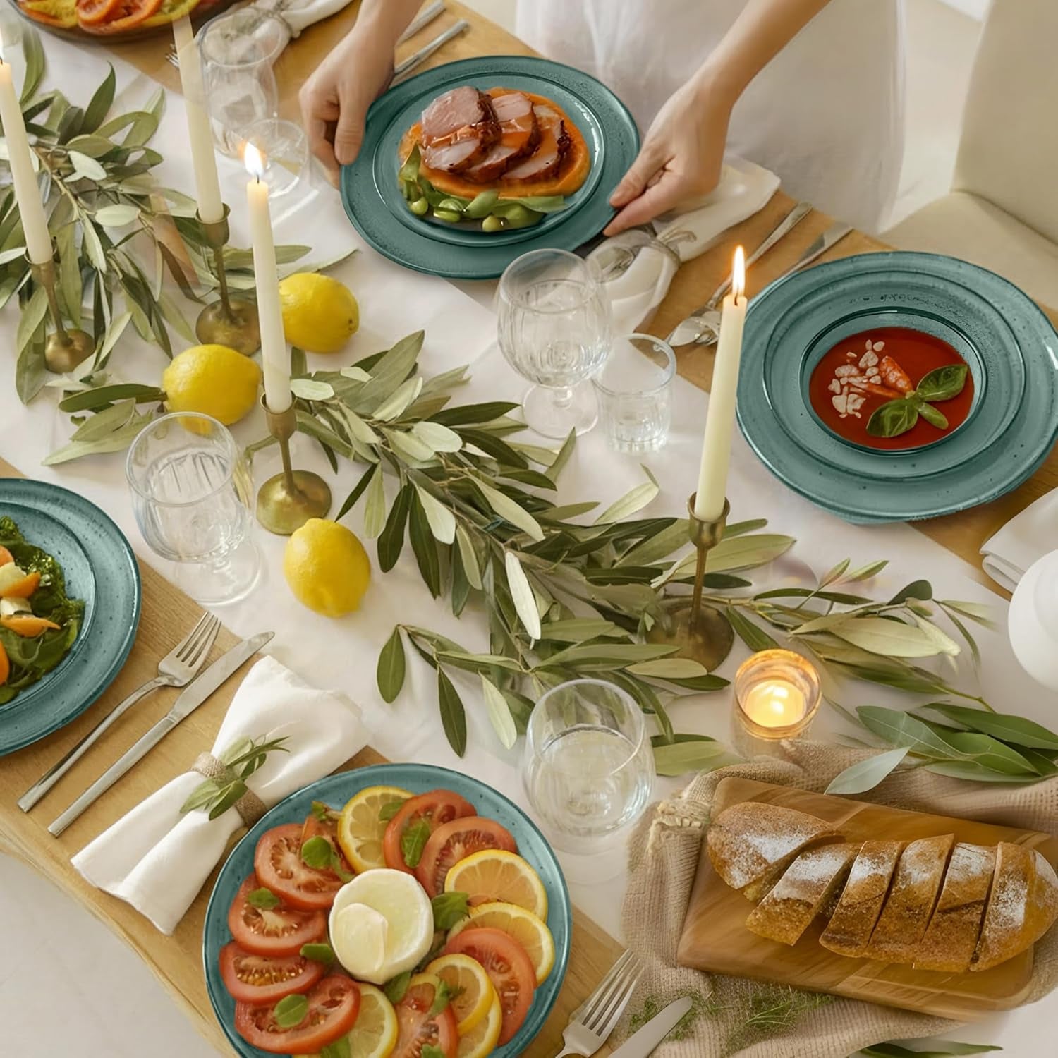 Twinzee Set di stoviglie in gres da 24 pezzi per 6 persone - Set di ciotole e piatti - Gres adatto al microonde - Collezione Riviera