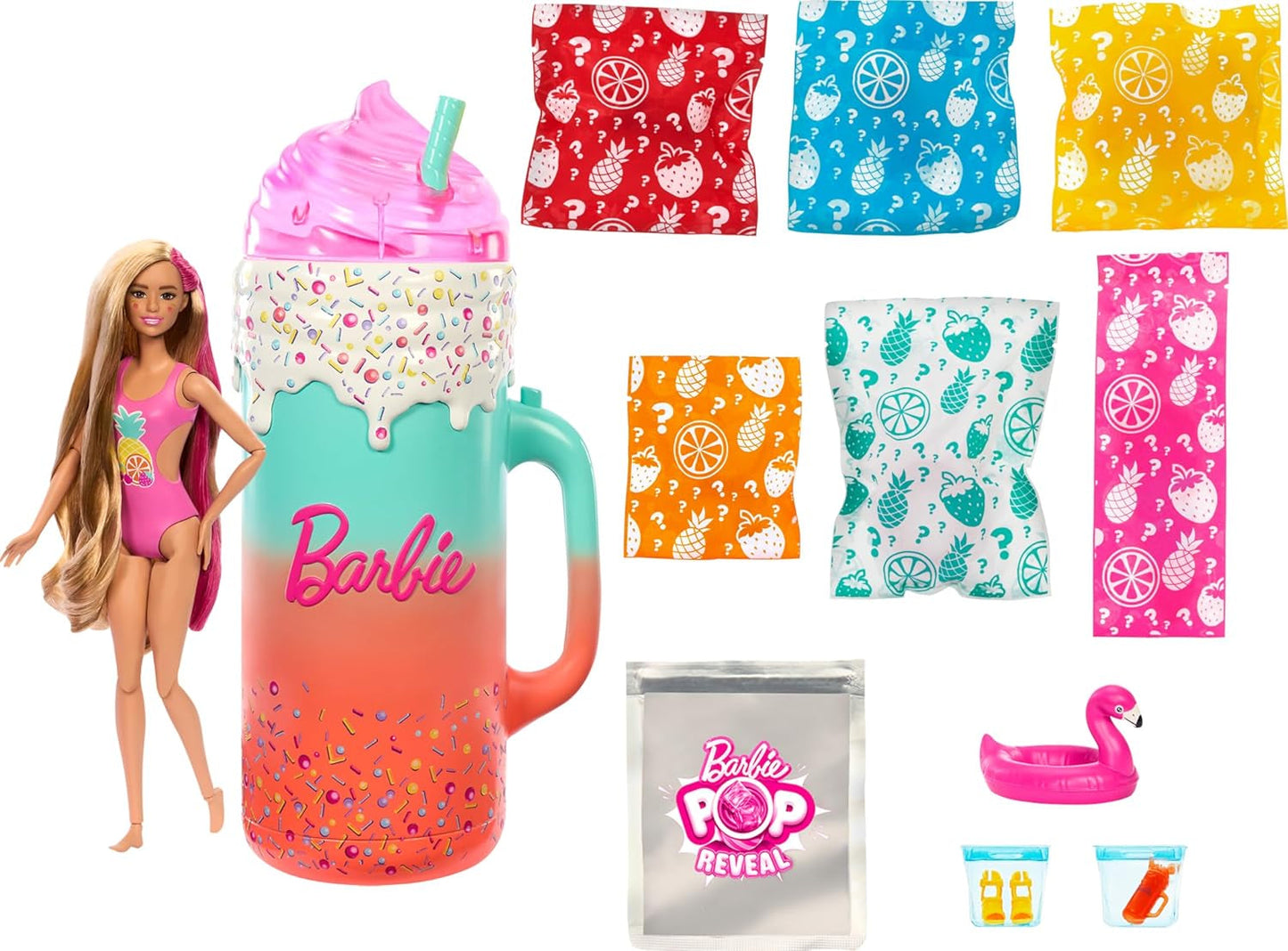 Set regalo BARBIE Pop Reveal Rise & Surprise - 15+ sorprese tra cui 1 bambola Barbie, accessori da spiaggia per un divertimento giocoso e fruttato per bambini dai 3 anni in su, HRK57