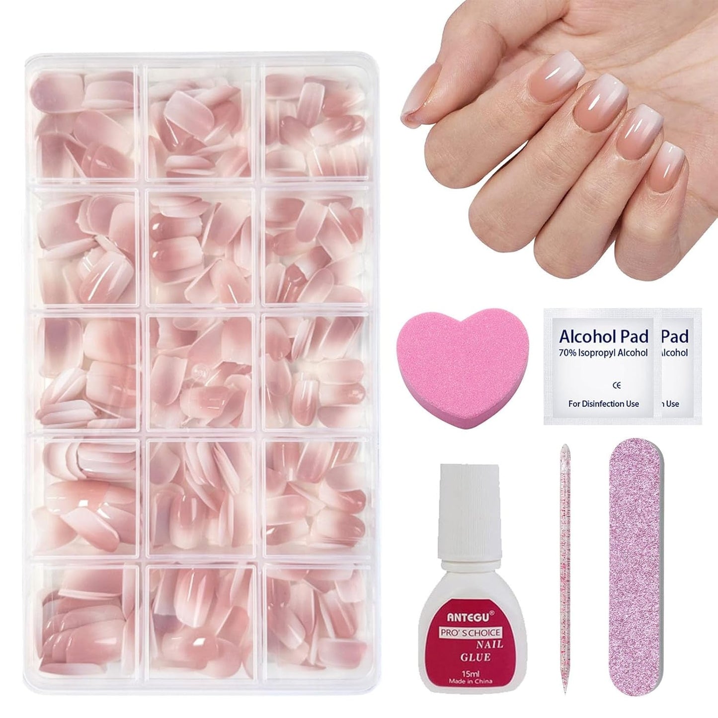 Set di 240 unghie finte corte - Unghie finte artificiali corte naturali da incollare - Unghie artificiali sfumate color carne per estensioni delle unghie a scatola (Gradiente nudo)