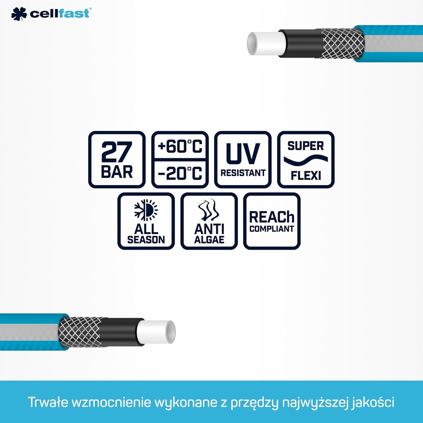 Set tubi da giardino Cellfast Ideal, robusto, flessibile, 4 strati, irrigatore, resistente ai raggi UV e alle alghe, tecnologia Reach, 27 bar, -20/+60° a breve termine, 1/2 pollice, 20 m