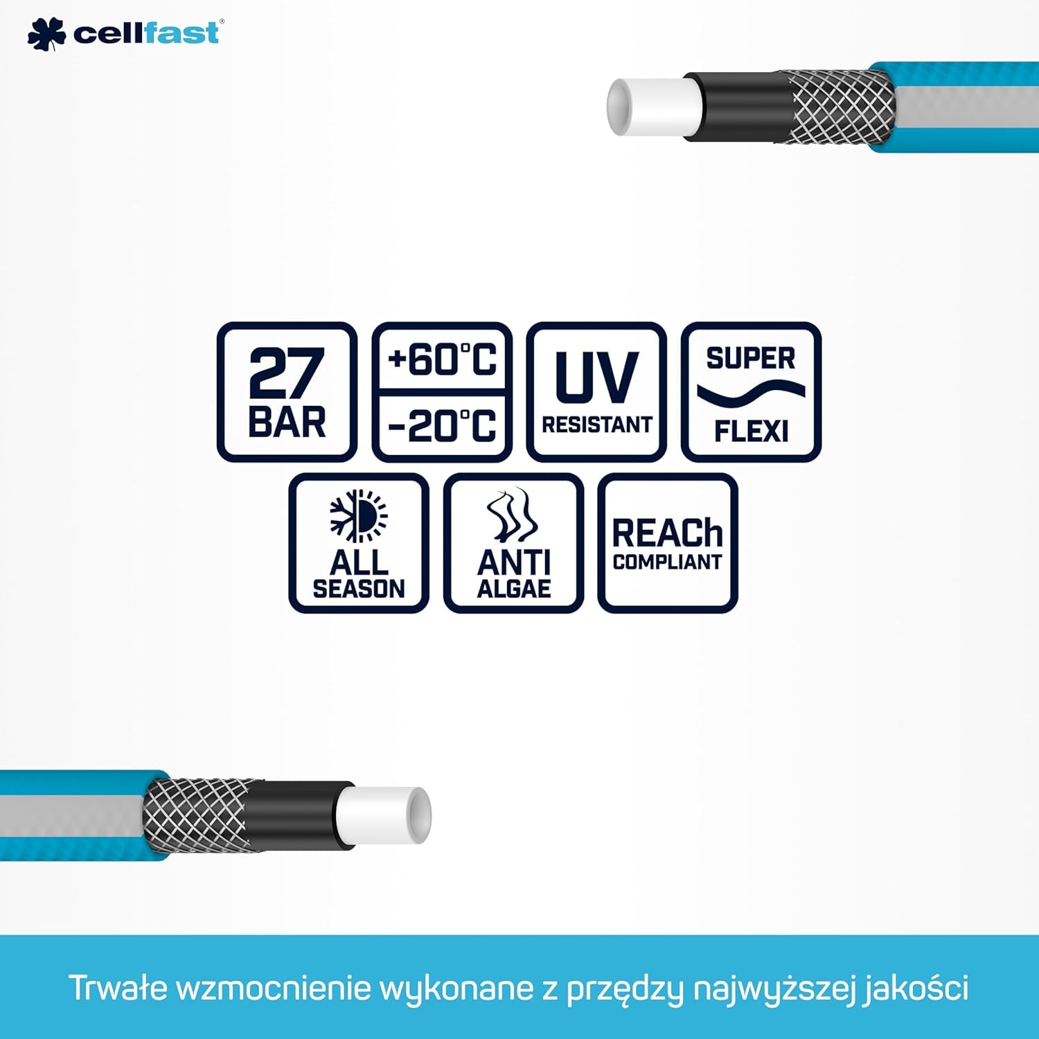 Set tubi da giardino Cellfast Ideal, robusto, flessibile, 4 strati, irrigatore, resistente ai raggi UV e alle alghe, tecnologia Reach, 27 bar, -20/+60° a breve termine, 1/2 pollice, 20 m