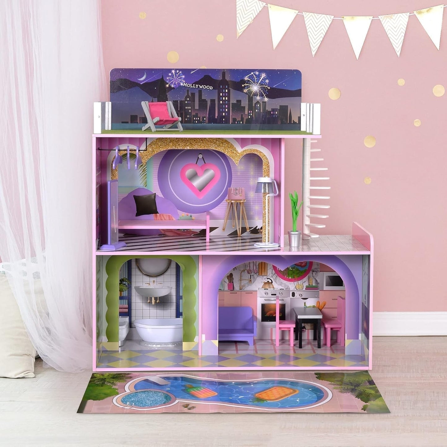 Olivia's Little World Big Dreamland Sunset Casa delle bambole interattiva in legno per bambini contemporanei 3 piani con 16 accessori per mobili per bambole Multi TD-13616A Case delle bambole Naty Shop