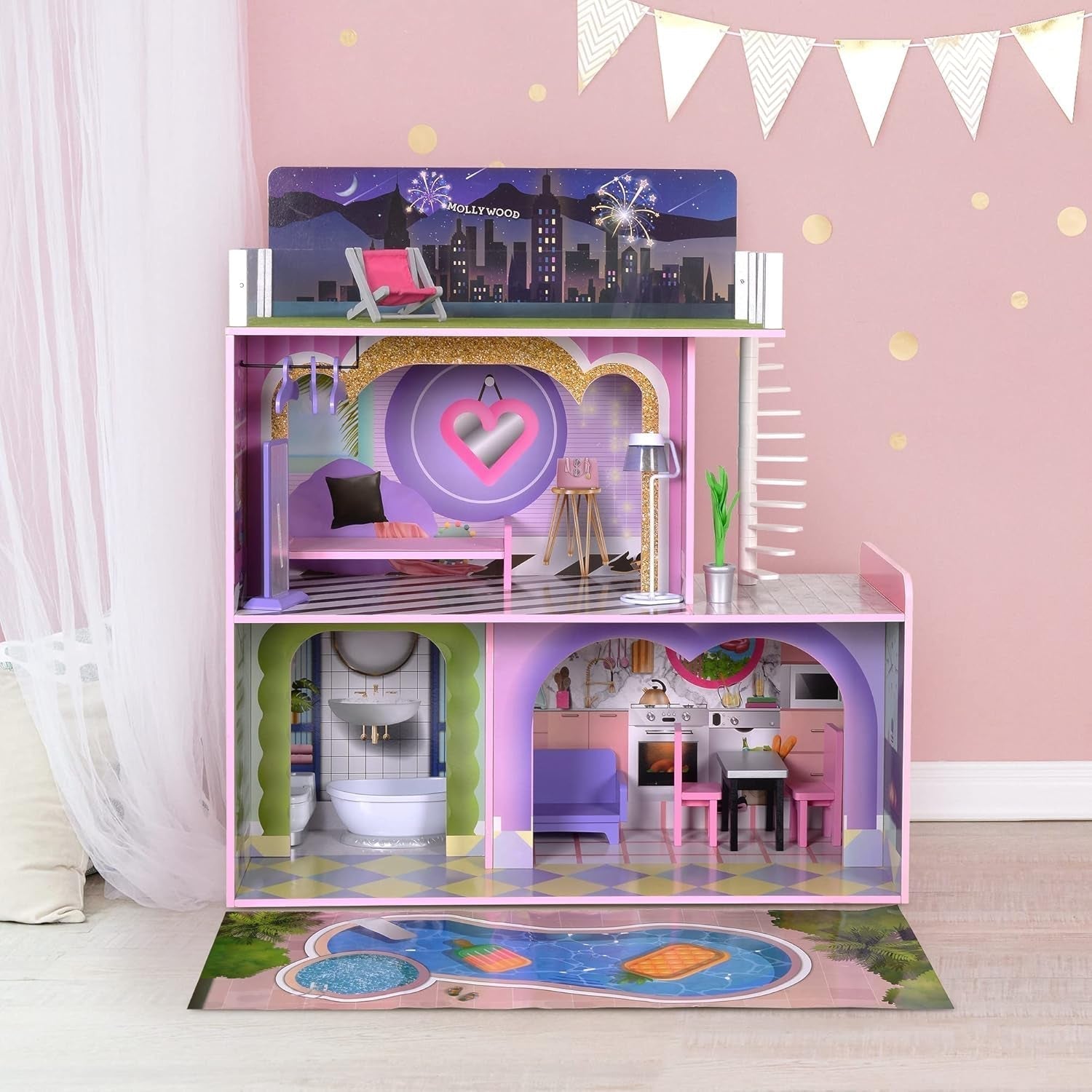 Olivia's Little World Big Dreamland Sunset Casa delle bambole interattiva in legno per bambini contemporanei 3 piani con 16 accessori per mobili per bambole Multi TD-13616A Case delle bambole Naty Shop