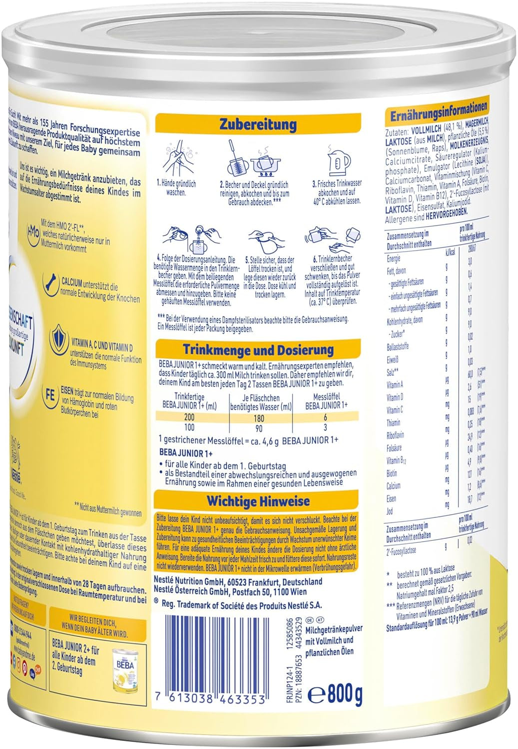 BEBA Junior 1+ bevanda a base di latte a partire da 1 anno, Con HMO, Contenuto proteico adatto all'età, Solo lattosio, Senza olio di palma, Senza olio di pesce, Alimenti per bambini, Latte in polvere per bambini, Confezione da 6 (6 x 800 g)