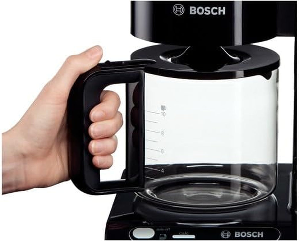 Bosch Styline TKA8013 Macchina per caffè espresso con filtro, sensore aroma, caraffa in vetro preserva aroma da 1,25 l, 10-15 tazze, spegnimento automatico, sistema di decalcificazione, sistema antigoccia, portafiltro girevole, 1160 W, Nero