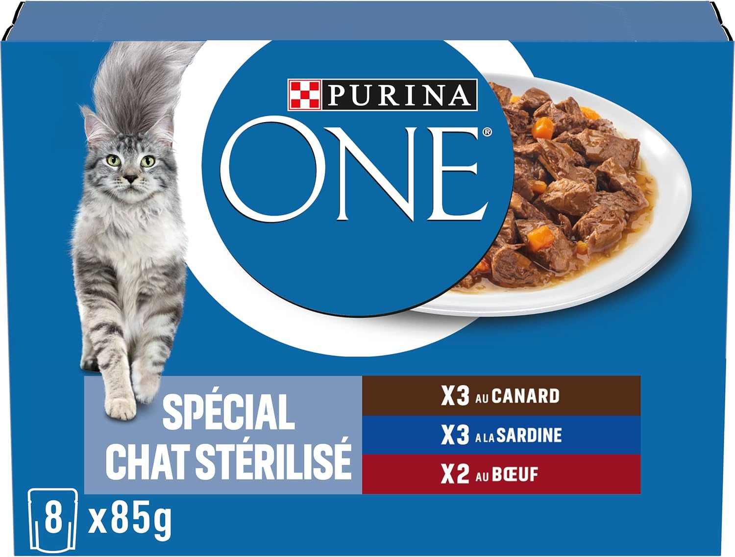 PURINA UNO | BIFENSI | Alimento per gatti adulti sterilizzati | Supporta la vitalità, le ossa, i muscoli e le articolazioni del gatto | In salsa | Buste con anatra, sarde, manzo, freschezza | 1 pezzo (8 x 85 g)
