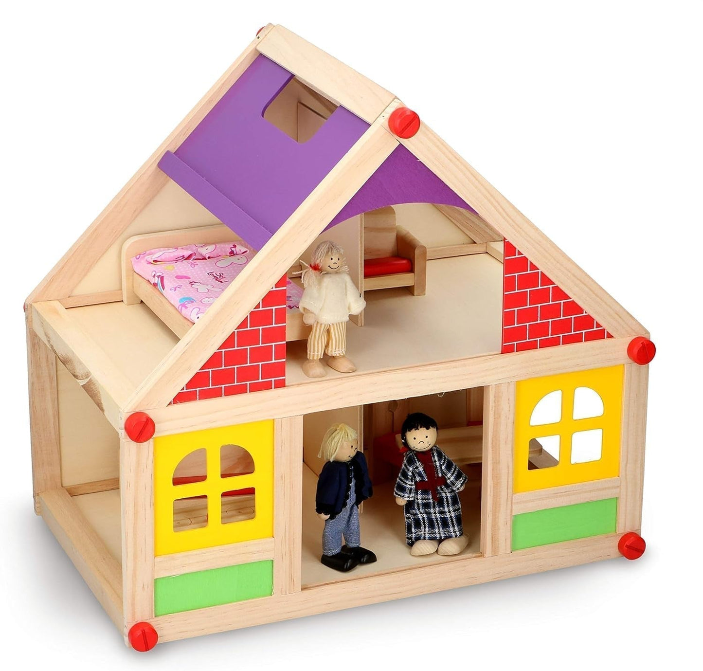 Marionette in Legno - Casa delle bambole in legno con mobili e bambole - 11 pezzi Case delle bambole Naty Shop