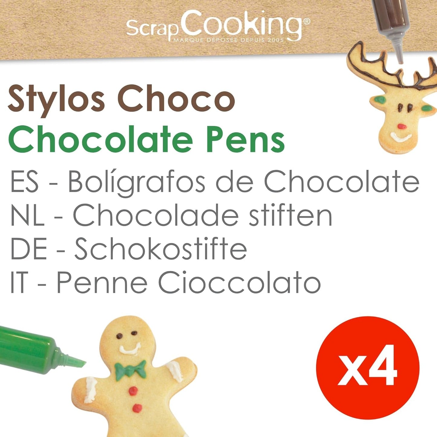 Scrapcooking - Set di 4 matite colorate al cioccolato natalizio - Marrone, Bianco, Verde e Rosso - Colorante commestibile - Colorante alimentare per scrivere - Scrivi e disegna su dessert, torte e biscotti - 7060