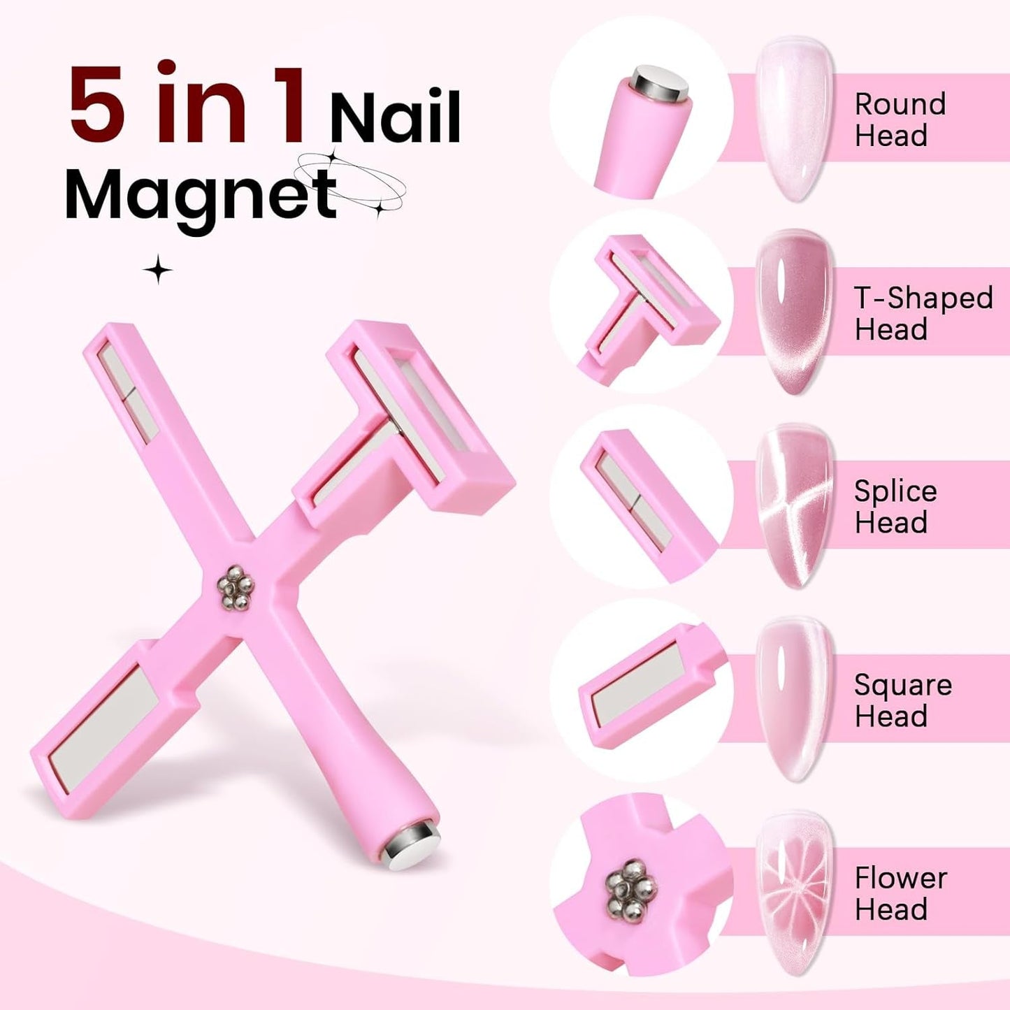 SUPWEE Strumento magnetico per unghie 5 in 1, Magnete rosa Cat Eye per unghie Stilo magnetico multifunzione Fai da te Magic 3D Magnet Stick Pen Set Nail Art Magnet Stick per Nail Art Articoli fai da te