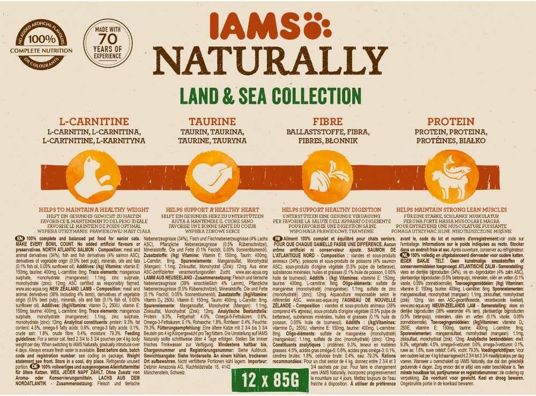 IAMS Naturally Senior Alimento umido in salsa - Alimento umido di alta qualità a base di carne e pesce per gatti anziani, Collezione Land & Sea, 12 x 85g