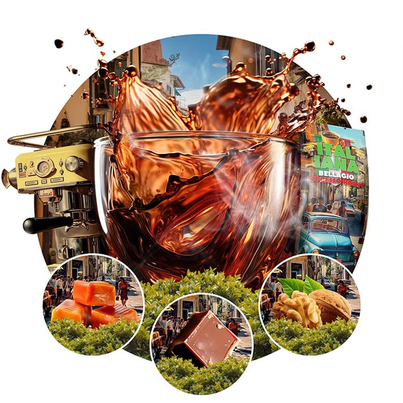 Caffè in grani tostati Italiana Bellagio 1kg | 80% Arabica e 20% Robusta | con sentori di frutta secca e cioccolato fondente | appena tostato, bassa acidità | per macchine da caffè | Caffè Orca Blu