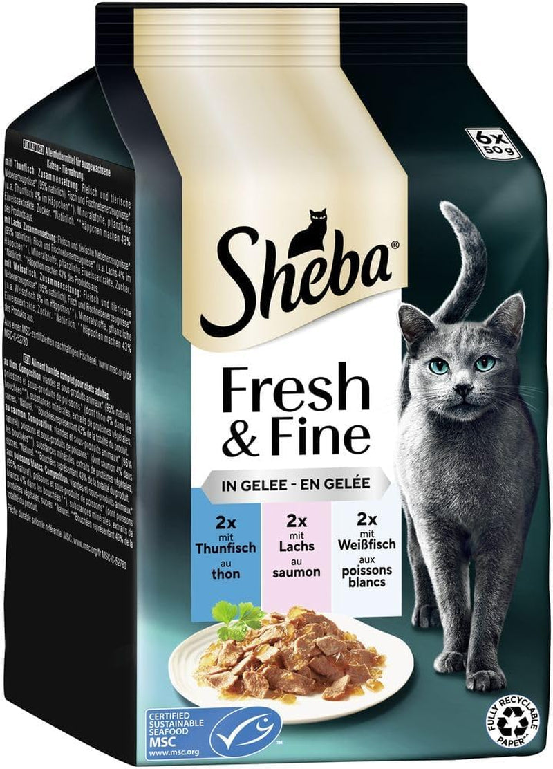 Sheba Portion Pouches Cibo umido per gatti, Multipack Fresh & Fine in gelatina con tonno e salmone MSC, 6x6x50g - Pasti sani per gatti con gelatina
