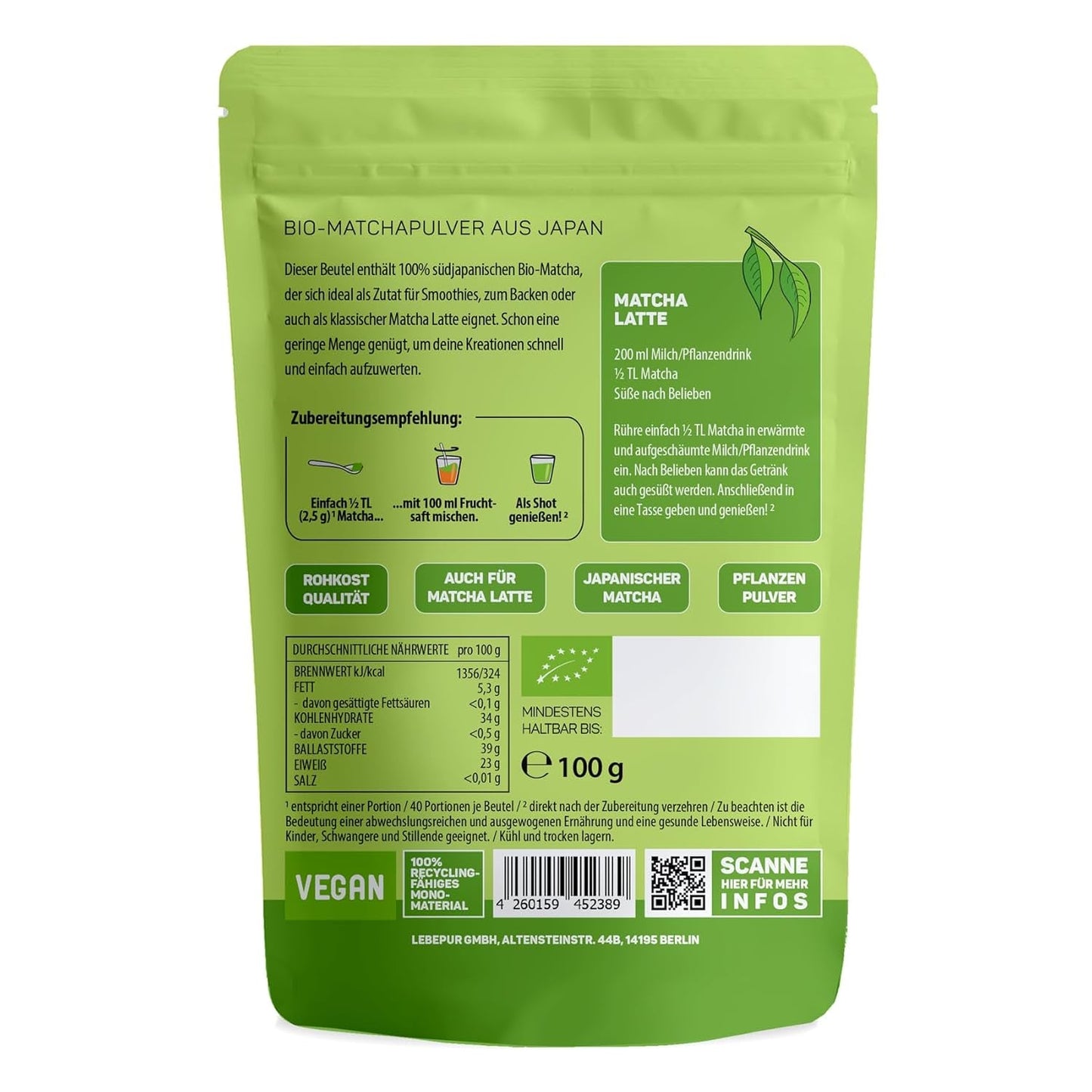 Lebepur BIO Matcha in polvere 100G - Qualità Premium dal Giappone senza additivi - Polvere di tè verde pura al 100% per Matcha Latte, Tè Matcha, Tè verde, Frullati - Tè verde giapponese