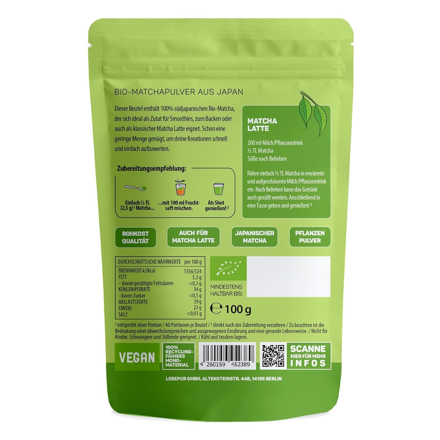 Lebepur BIO Matcha in polvere 100G - Qualità Premium dal Giappone senza additivi - Polvere di tè verde pura al 100% per Matcha Latte, Tè Matcha, Tè verde, Frullati - Tè verde giapponese